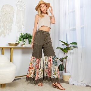 Young Threads Bohemian Bell Bottoms With Lace Trims Floral Print Pants